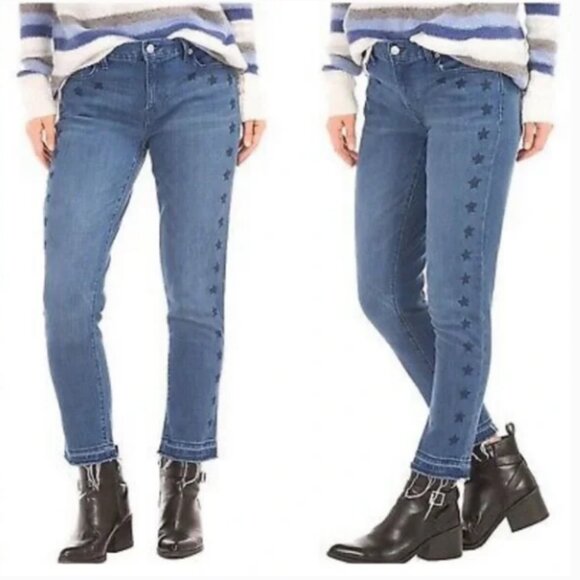 GAP 1969 Best Girlfriend Jeans Star Print Slim Straight Raw Hem Stretch Denim 28 - Picture 1 of 10
